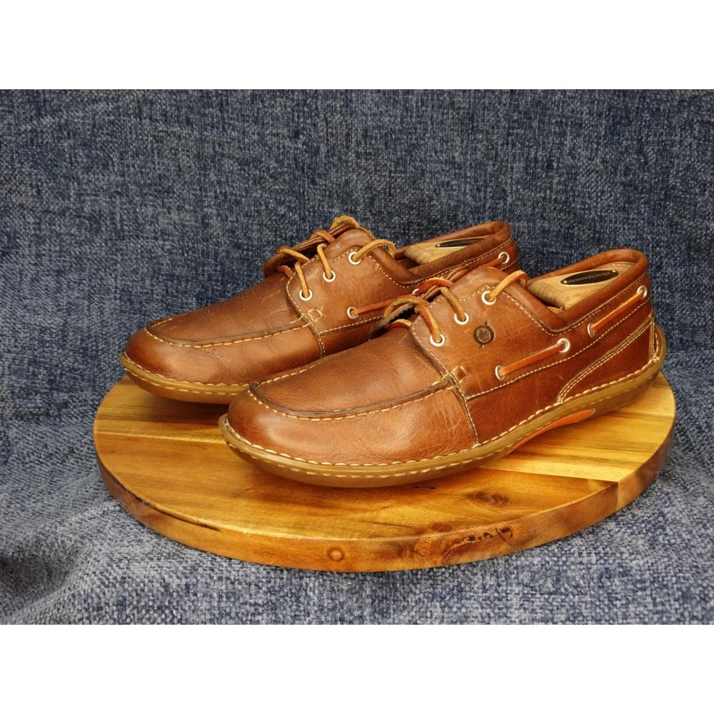 Born Mens 9 EU 42.5 Brown Leather Boat Shoes Moc Toe 3 Eye Deck Loafers MG056